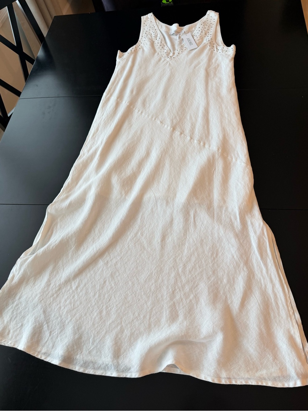 DKNY Women's Linen Midi Dress M White Sleeveless Silver Studded V-Neck NWT